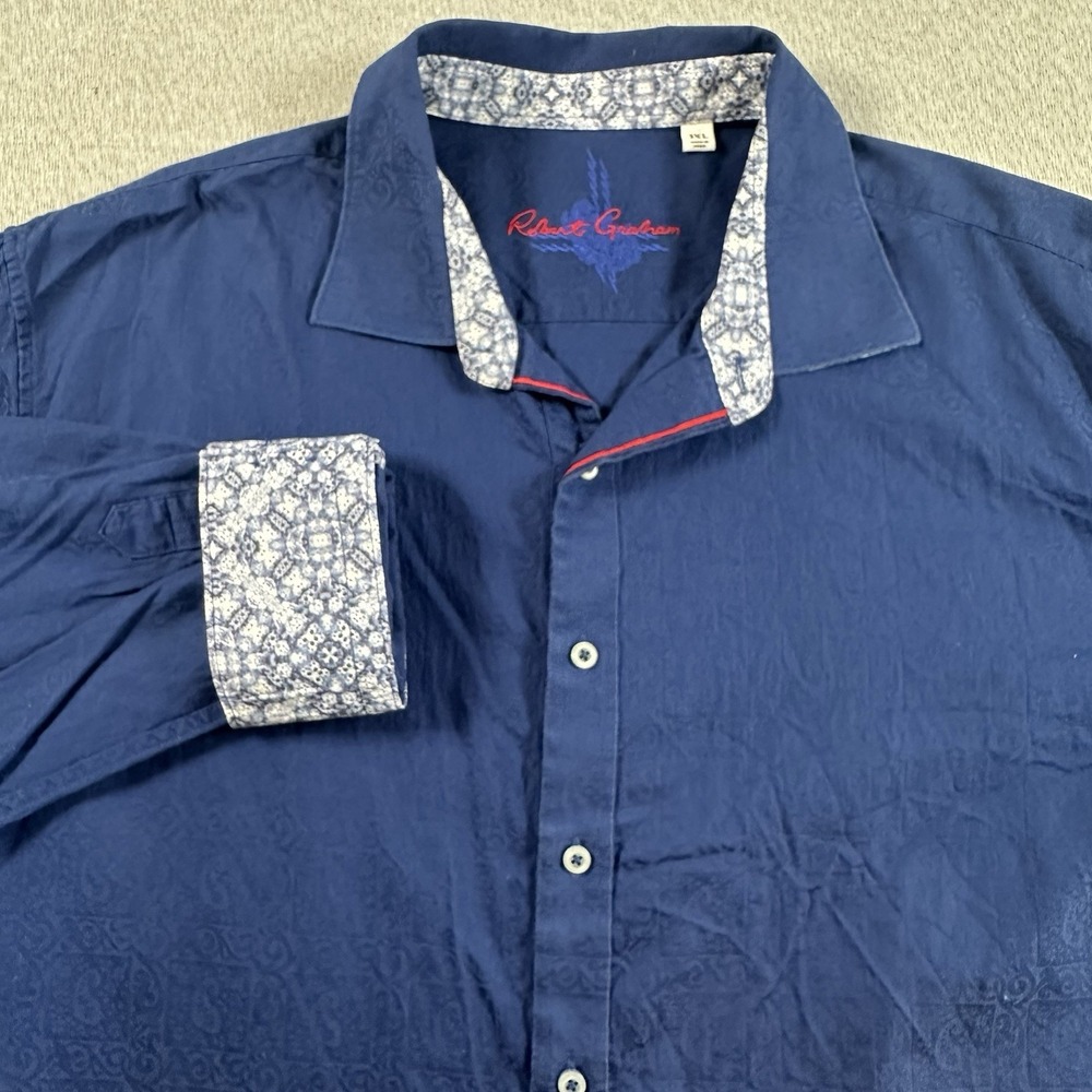 Robert Graham Shirt Mens 3XL Blue Floral Flip Cuff Button Down Jacquard‎ Pattern